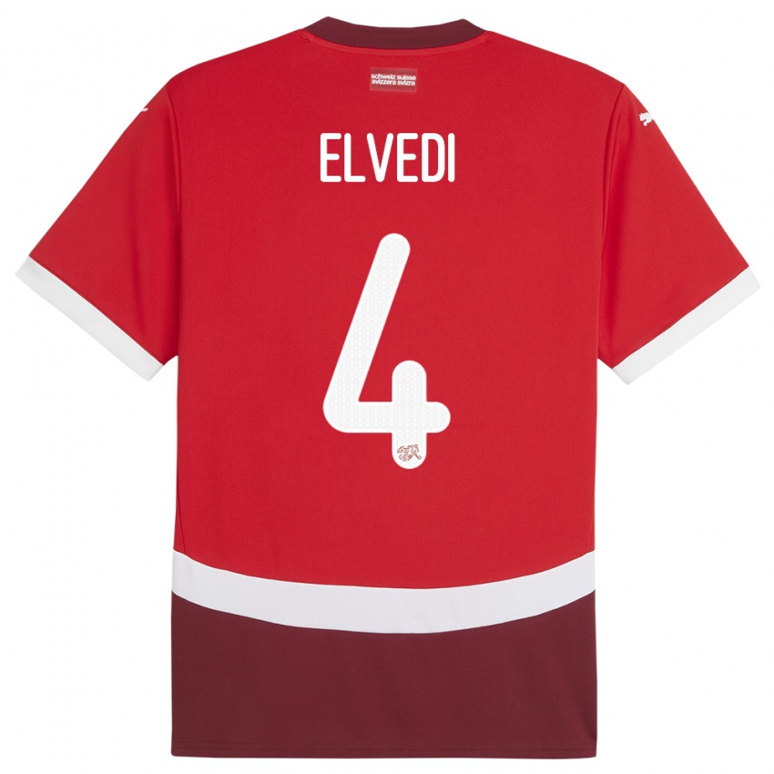 Homme Maillot Suisse Nico Elvedi #4 Rouge Tenues Domicile 24-26 T-Shirt Belgique