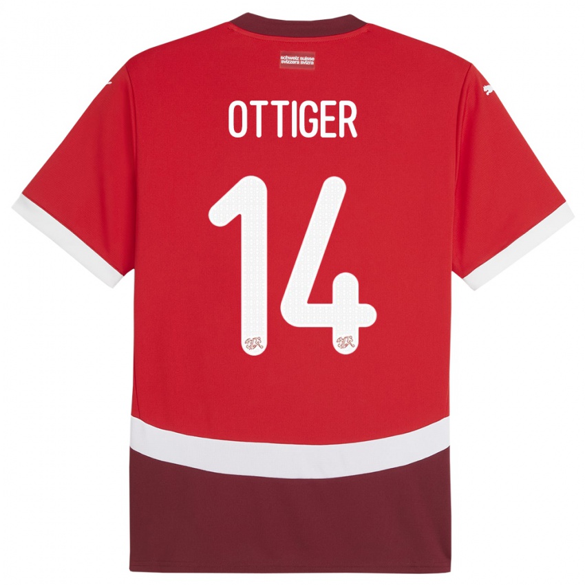 Heren Zwitserland Severin Ottiger #14 Rood Thuisshirt Thuistenue 24-26 T-Shirt België