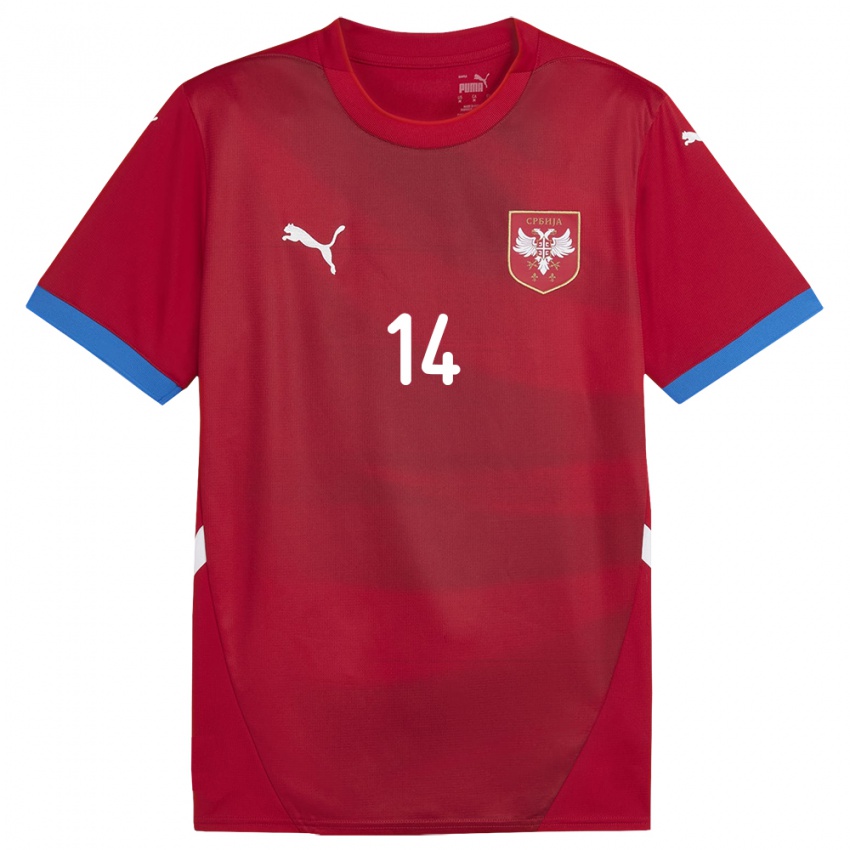 Homme Maillot Serbie Aleksa Terzic #14 Rouge Tenues Domicile 24-26 T-Shirt Belgique