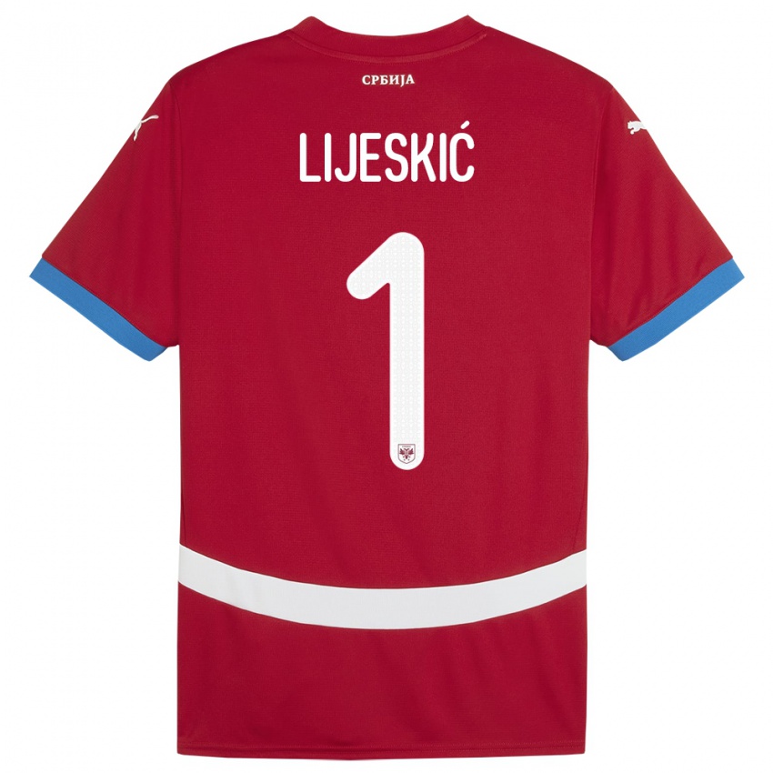 Homme Maillot Serbie Luka Lijeskic #1 Rouge Tenues Domicile 24-26 T-Shirt Belgique