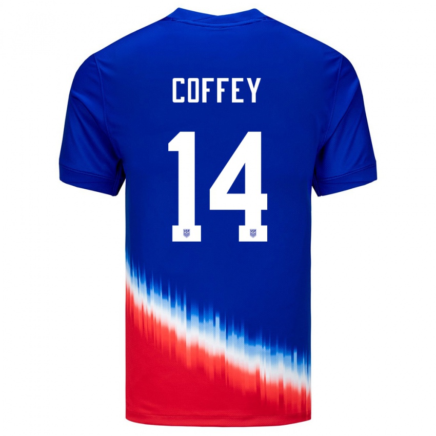Homme Maillot États-Unis Sam Coffey #14 Bleu Tenues Extérieur 24-26 T-Shirt Belgique