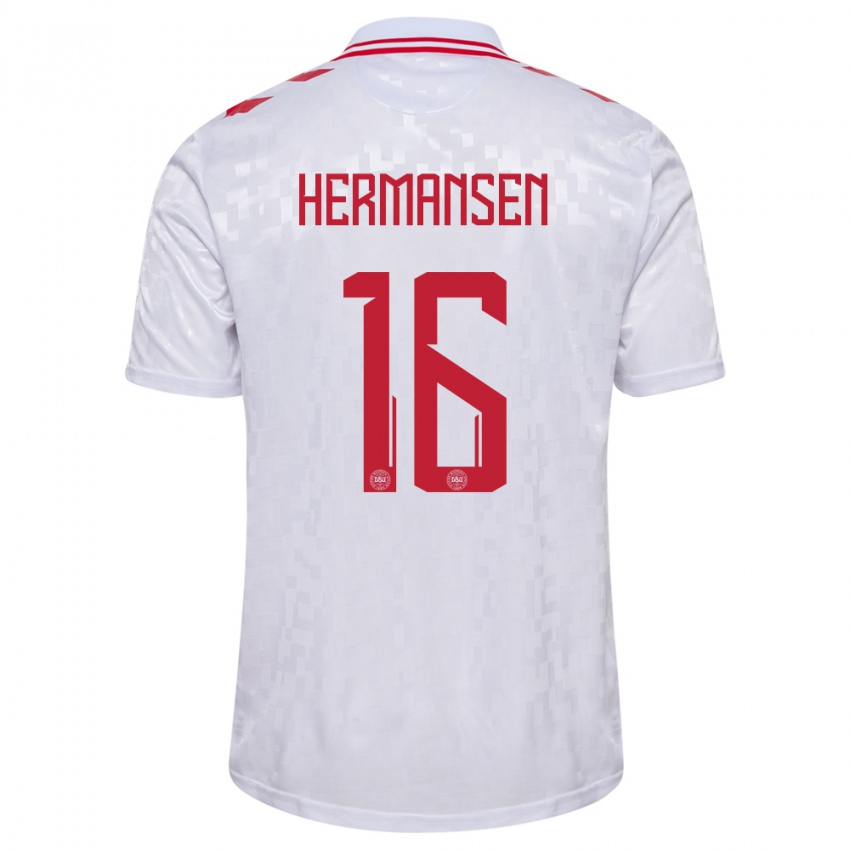 Heren Denemarken Mads Hermansen #16 Wit Uitshirt Uittenue 24-26 T-Shirt België