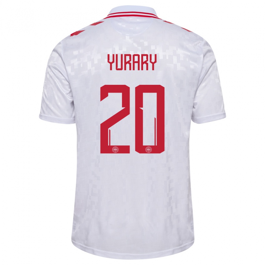 Herren Dänemark Yussuf Poulsen #20 Weiß Auswärtstrikot Trikot 24-26 T-Shirt Belgien