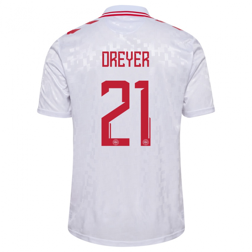 Damen Dänemark Anders Dreyer #21 Weiß Auswärtstrikot Trikot 24-26 T-Shirt Belgien