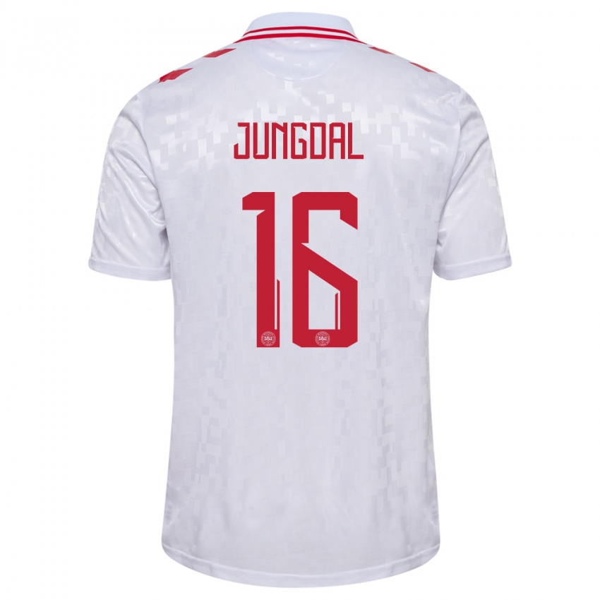 Dames Denemarken Andreas Jungdal #16 Wit Uitshirt Uittenue 24-26 T-Shirt België