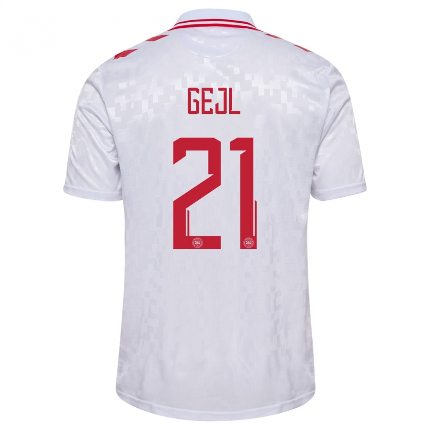 Damen Dänemark Mille Gejl #21 Weiß Auswärtstrikot Trikot 24-26 T-Shirt Belgien