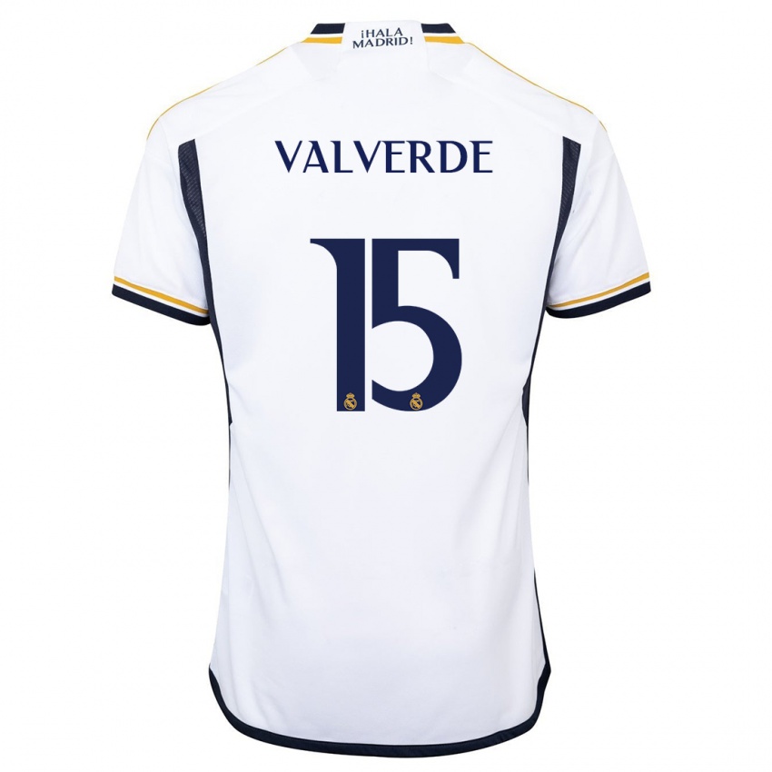 Enfant Maillot Federico Valverde #15 Blanc Tenues Domicile 2023/24 T-Shirt Belgique