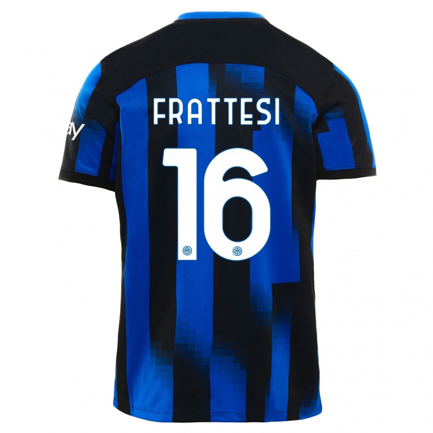 Kinderen Davide Frattesi #16 Zwart Blauw Thuisshirt Thuistenue 2023/24 T-Shirt België
