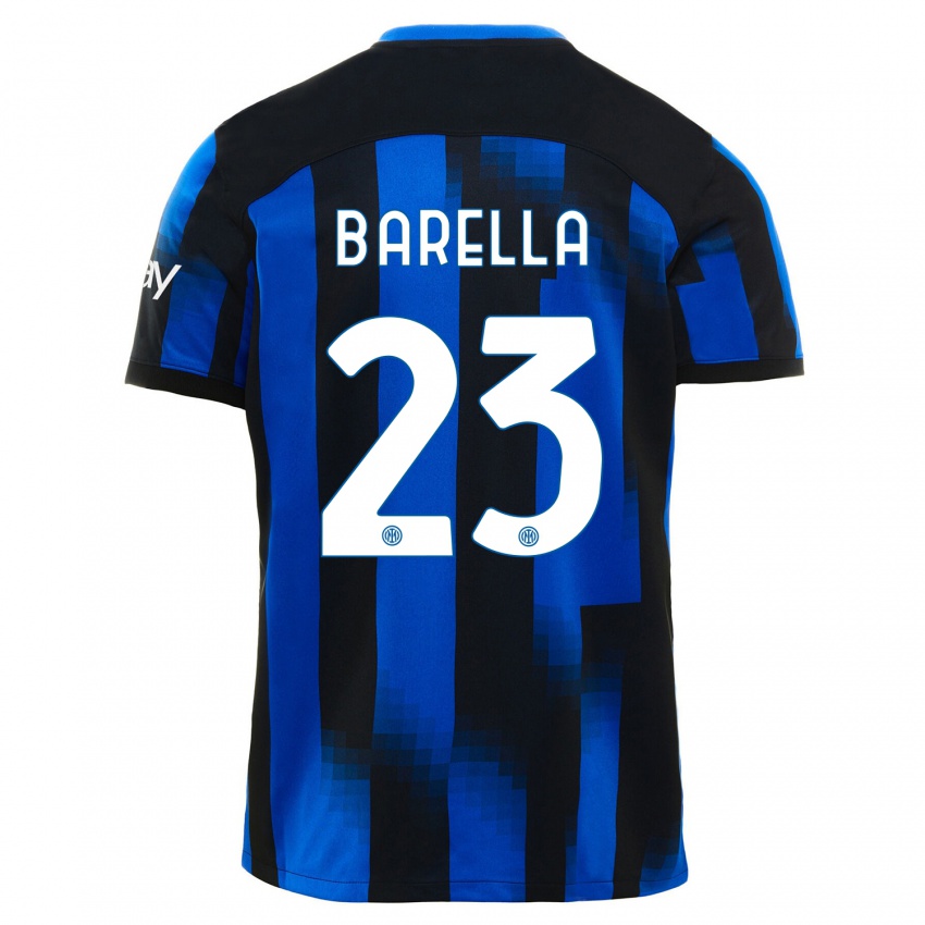 Enfant Maillot Nicolo Barella #23 Noir Bleu Tenues Domicile 2023/24 T-Shirt Belgique
