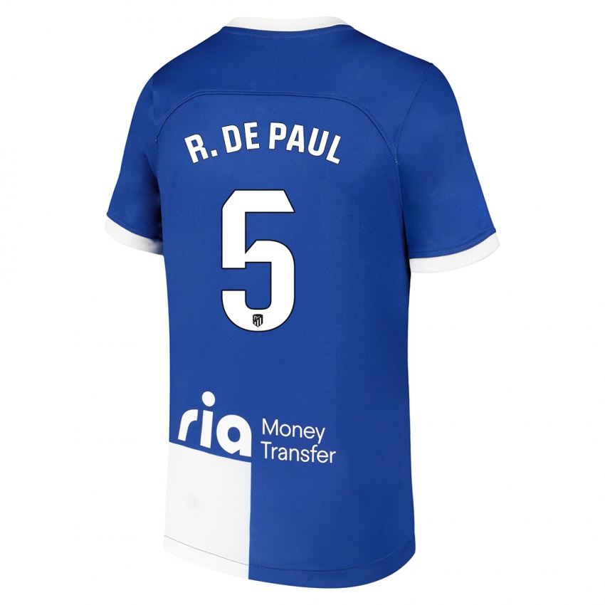 Enfant Maillot Rodrigo De Paul #5 Bleu Blanc Tenues Extérieur 2023/24 T-Shirt Belgique