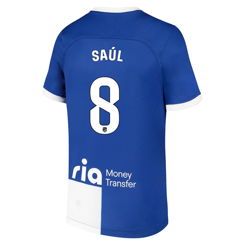 Kinder Saul Niguez #8 Blau Weiss Auswärtstrikot Trikot 2023/24 T-Shirt Belgien