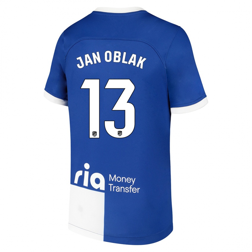 Enfant Maillot Jan Oblak #13 Bleu Blanc Tenues Extérieur 2023/24 T-Shirt Belgique