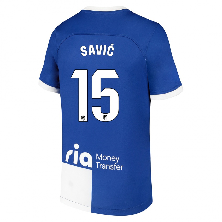 Kinder Stefan Savic #15 Blau Weiss Auswärtstrikot Trikot 2023/24 T-Shirt Belgien
