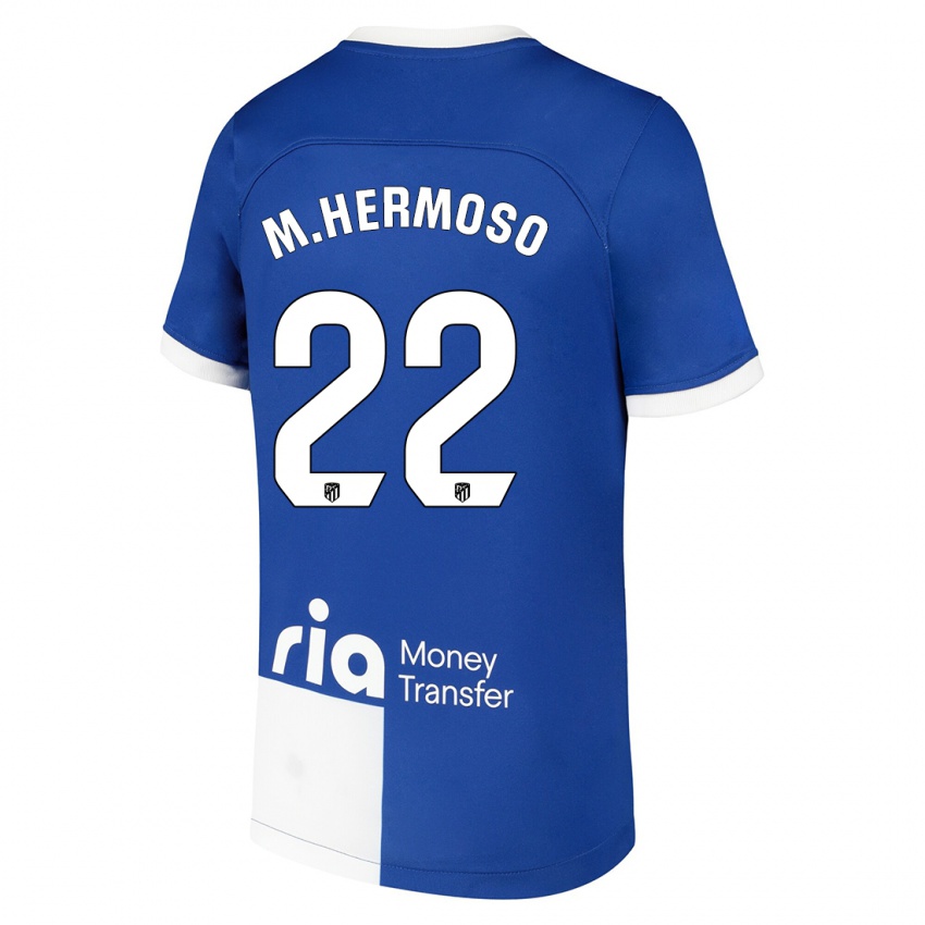 Kinder Mario Hermoso #22 Blau Weiss Auswärtstrikot Trikot 2023/24 T-Shirt Belgien
