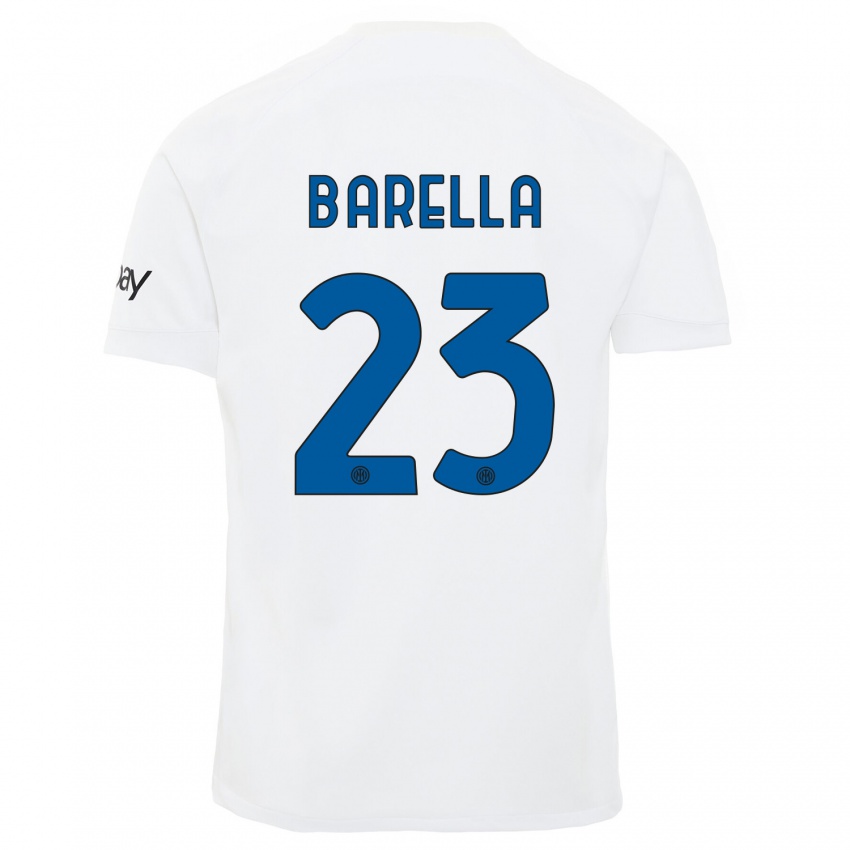 Enfant Maillot Nicolo Barella #23 Blanc Tenues Extérieur 2023/24 T-Shirt Belgique