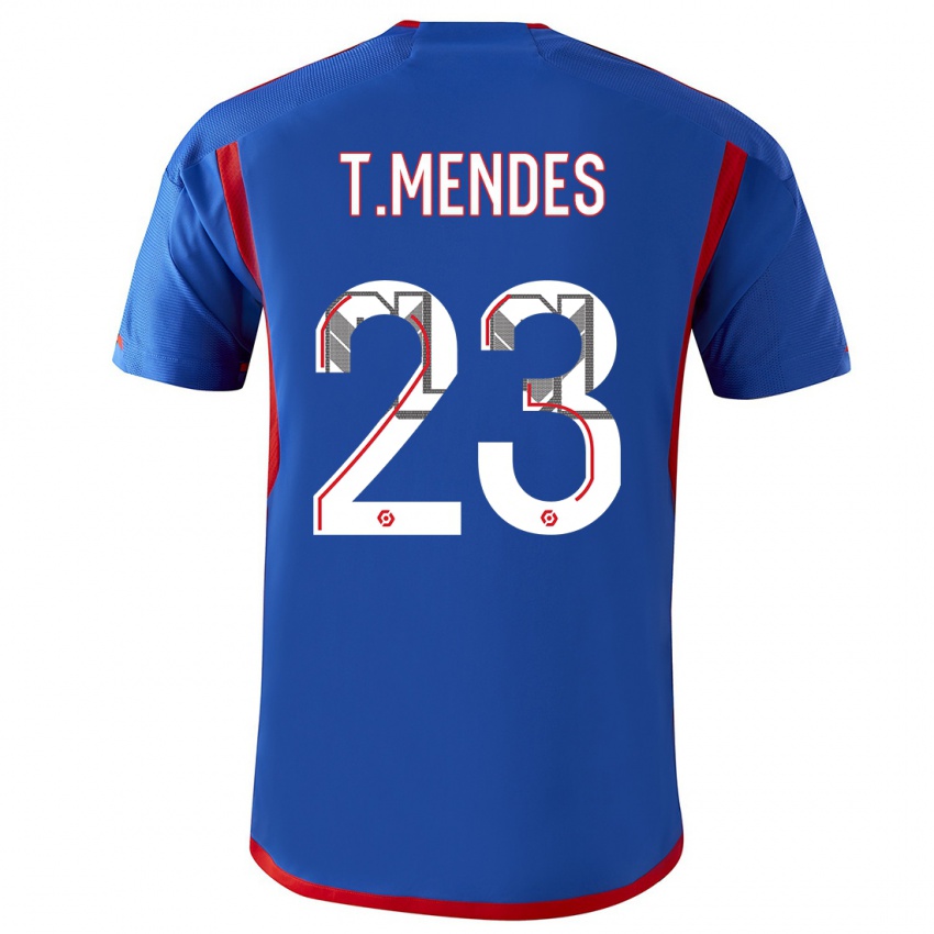 Kinderen Thiago Mendes #23 Blauw Rood Uitshirt Uittenue 2023/24 T-Shirt België