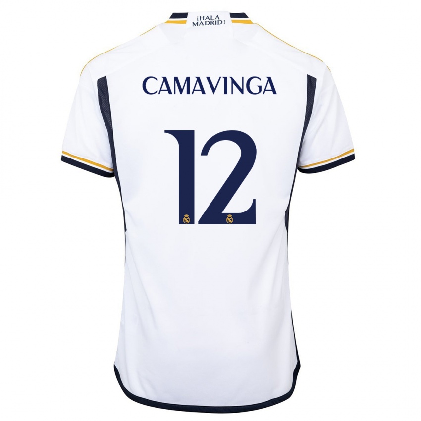 Homme Maillot Eduardo Camavinga #12 Blanc Tenues Domicile 2023/24 T-Shirt Belgique