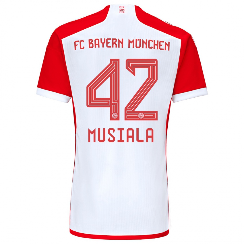 Homme Maillot Jamal Musiala #42 Rouge Blanc Tenues Domicile 2023/24 T-Shirt Belgique