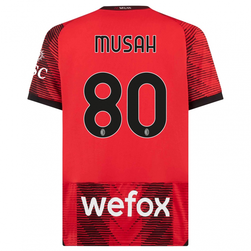 Homme Maillot Yunus Musah #80 Rouge Noir Tenues Domicile 2023/24 T-Shirt Belgique