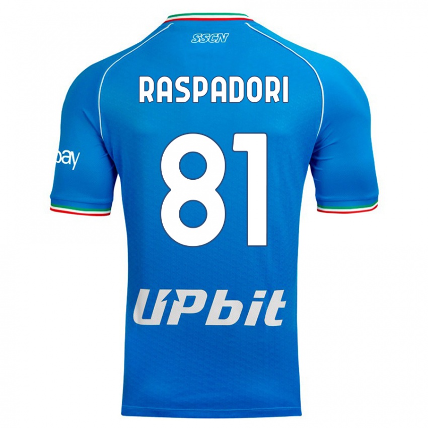 Homme Maillot Giacomo Raspadori #81 Bleu Ciel Tenues Domicile 2023/24 T-Shirt Belgique
