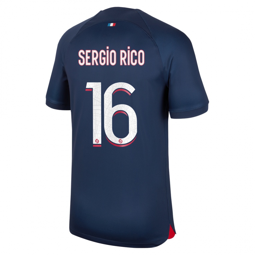 Homme Maillot Sergio Rico #16 Bleu Rouge Tenues Domicile 2023/24 T-Shirt Belgique