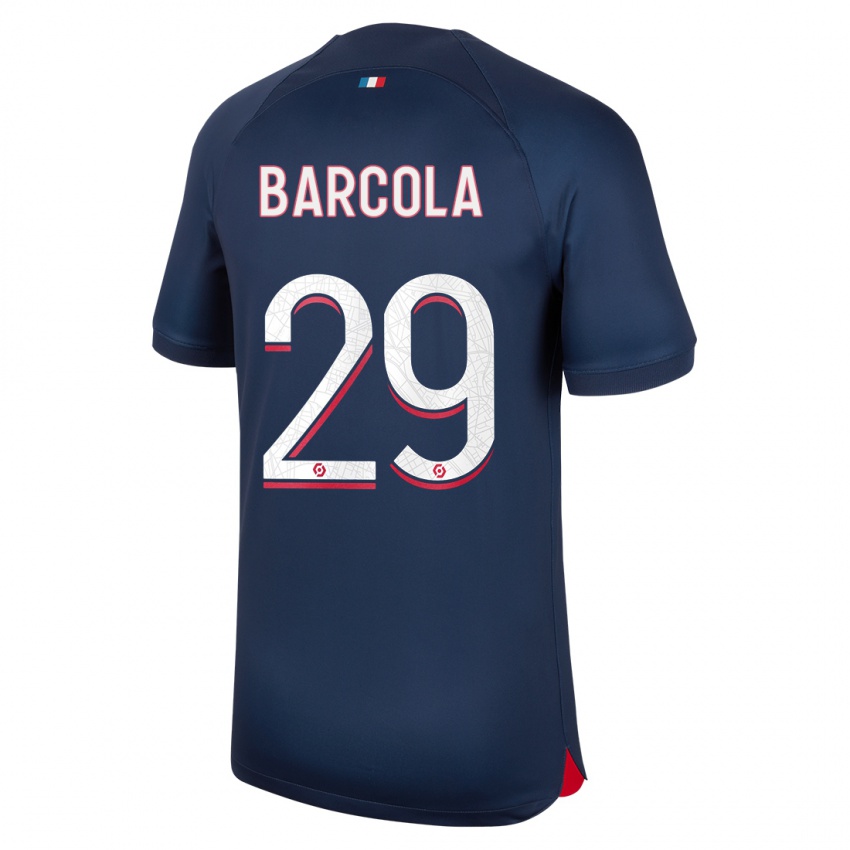 Homme Maillot Bradley Barcola #29 Bleu Rouge Tenues Domicile 2023/24 T-Shirt Belgique