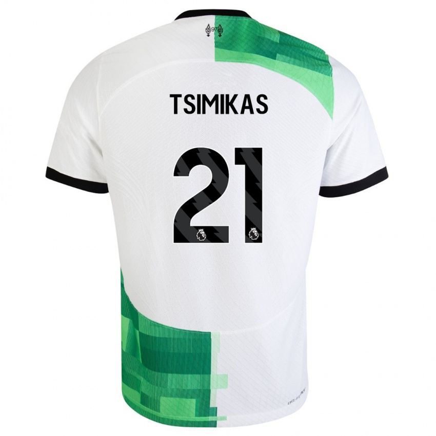 Homme Maillot Konstantinos Tsimikas #21 Blanc Vert Tenues Extérieur 2023/24 T-Shirt Belgique