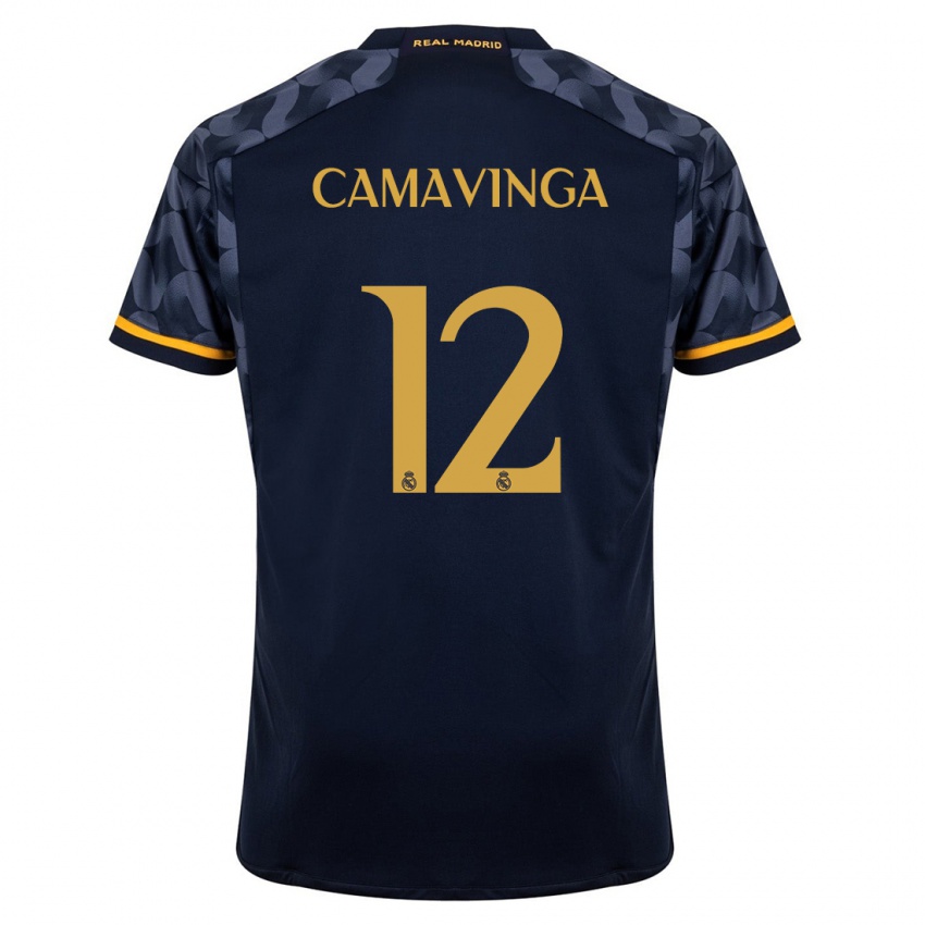 Heren Eduardo Camavinga #12 Donkerblauw Uitshirt Uittenue 2023/24 T-Shirt België