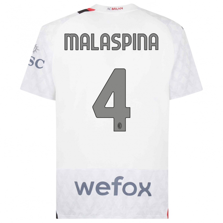 Homme Maillot Mattia Malaspina #4 Blanc Tenues Extérieur 2023/24 T-Shirt Belgique