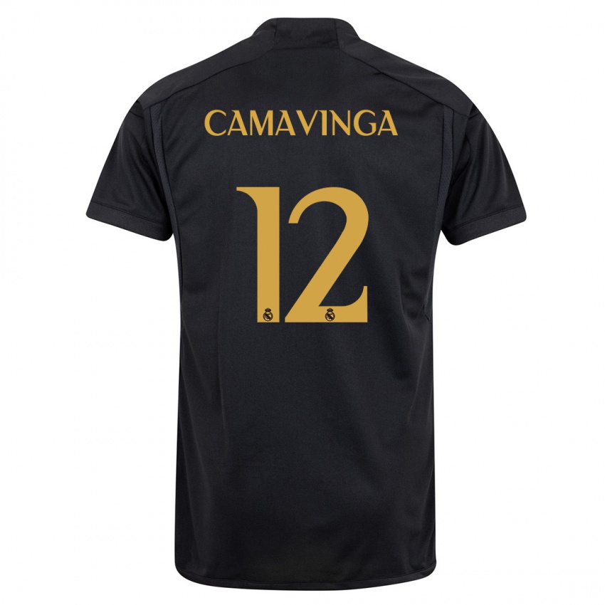 Herren Eduardo Camavinga #12 Schwarz Ausweichtrikot Trikot 2023/24 T-Shirt Belgien