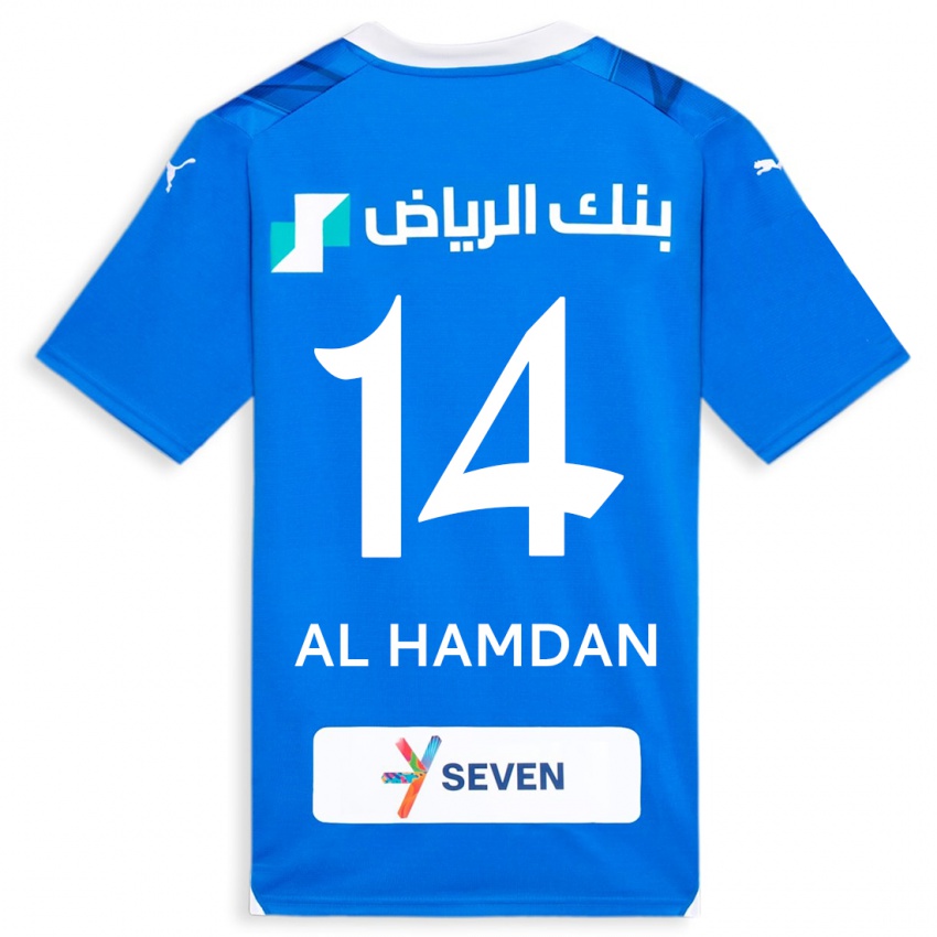 Femme Maillot Abdullah Al-Hamdan #14 Bleu Tenues Domicile 2023/24 T-Shirt Belgique